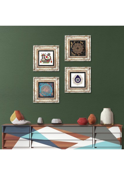 Nazar, Sri Yantra, Yaşam Çiçeği, Şahmeran Taş Duvar Tablosu Çerçeveli Duvar Dekoru 4 Parça Tablo Seti Wall Art T4-1419
