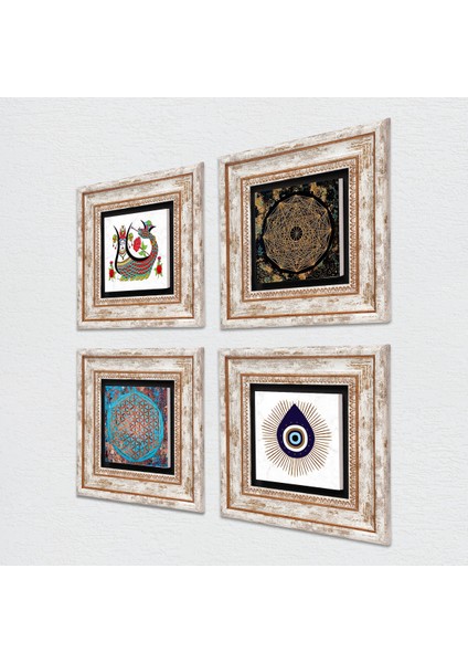 Nazar, Sri Yantra, Yaşam Çiçeği, Şahmeran Taş Duvar Tablosu Çerçeveli Duvar Dekoru 4 Parça Tablo Seti Wall Art T4-1419 fiyatları