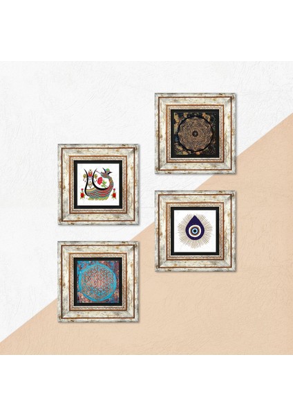 Nazar, Sri Yantra, Yaşam Çiçeği, Şahmeran Taş Duvar Tablosu Çerçeveli Duvar Dekoru 4 Parça Tablo Seti Wall Art T4-1419 indirimleri