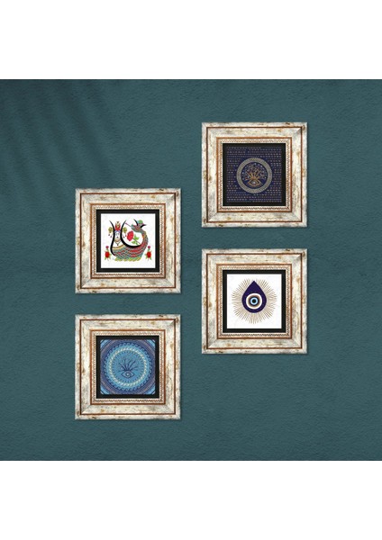 Nazar, Şahmeran Çerçeveli Taş Duvar Tablosu 4’lü Set - Dekoratif Modern Sanat, Ev ve Ofis Dekoru |TK4-1422| fırsatları