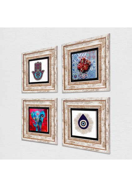 Stone Nazar, Fil, Fatma Ana Eli (Hamsa), Nar Çerçeveli Taş Duvar Tablosu 4’lü Set - Dekoratif Modern Sanat, Ev ve Ofis Dekoru |TK4-1440| fiyatları