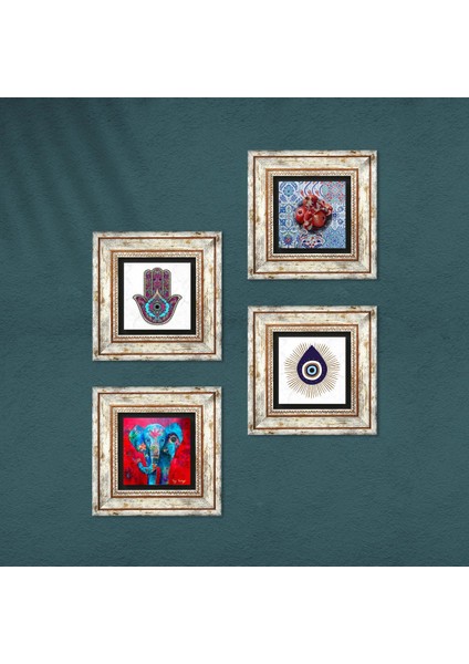 Stone Nazar, Fil, Fatma Ana Eli (Hamsa), Nar Çerçeveli Taş Duvar Tablosu 4’lü Set - Dekoratif Modern Sanat, Ev ve Ofis Dekoru |TK4-1440| fırsatları
