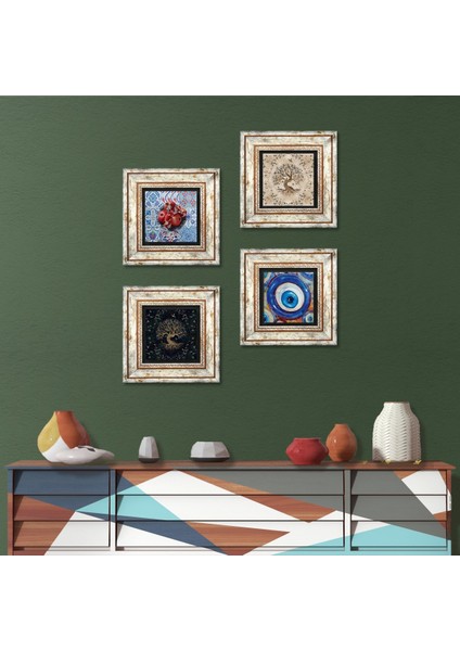 Stone Nazar, Hayat Ağacı, Nar Çerçeveli Taş Duvar Tablosu 4’lü Set - Dekoratif Modern Sanat, Ev ve Ofis Dekoru |TK4-1551|