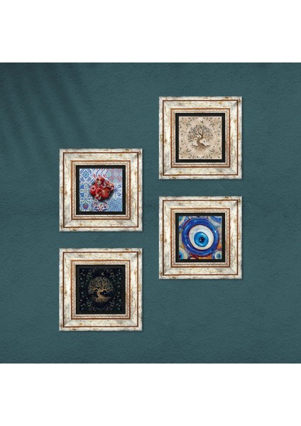 Stone Nazar, Hayat Ağacı, Nar Çerçeveli Taş Duvar Tablosu 4’lü Set - Dekoratif Modern Sanat, Ev ve Ofis Dekoru |TK4-1551| fırsatları