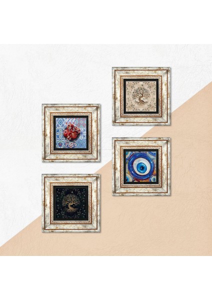 Stone Nazar, Hayat Ağacı, Nar Çerçeveli Taş Duvar Tablosu 4’lü Set - Dekoratif Modern Sanat, Ev ve Ofis Dekoru |TK4-1551| indirimleri