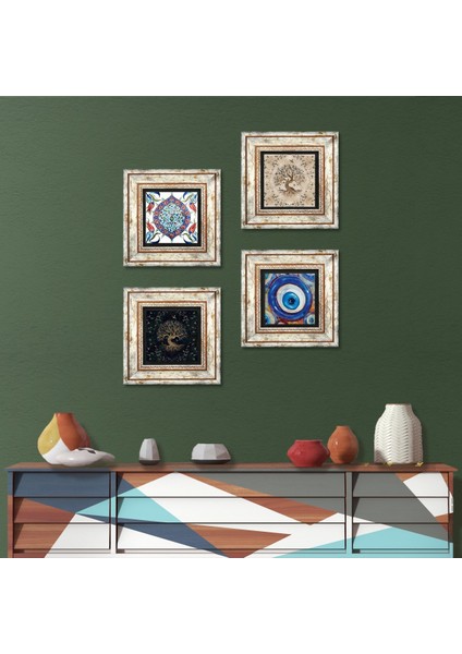 Nazar, Çini Sanatı, Hayat Ağacı Taş Duvar Tablosu Çerçeveli Duvar Dekoru 4 Parça Tablo Seti Wall Art T4-1553