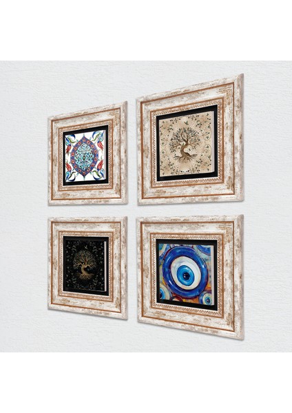Nazar, Çini Sanatı, Hayat Ağacı Taş Duvar Tablosu Çerçeveli Duvar Dekoru 4 Parça Tablo Seti Wall Art T4-1553