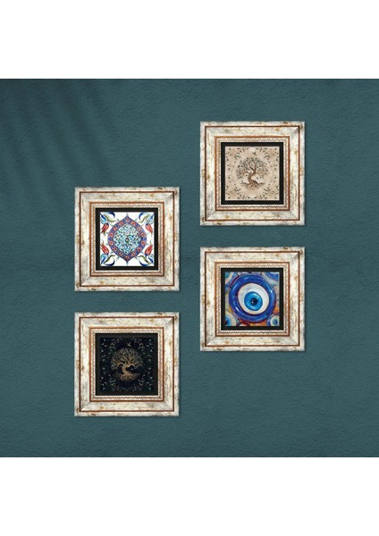 Nazar, Çini Sanatı, Hayat Ağacı Taş Duvar Tablosu Çerçeveli Duvar Dekoru 4 Parça Tablo Seti Wall Art T4-1553