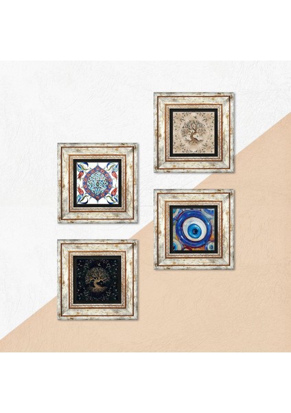 Nazar, Çini Sanatı, Hayat Ağacı Taş Duvar Tablosu Çerçeveli Duvar Dekoru 4 Parça Tablo Seti Wall Art T4-1553