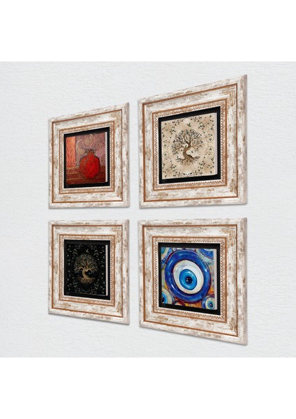 Nazar, Nar, Hayat Ağacı Taş Duvar Tablosu Çerçeveli Duvar Dekoru 4 Parça Tablo Seti Wall Art T4-1554