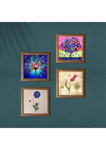 Ebru Sanatı, Lale, Hayat Ağacı Taş Duvar Tablosu Ahşap Çerçeveli Duvar Dekoru 4 Parça Tablo Seti Wall Art W4-843
