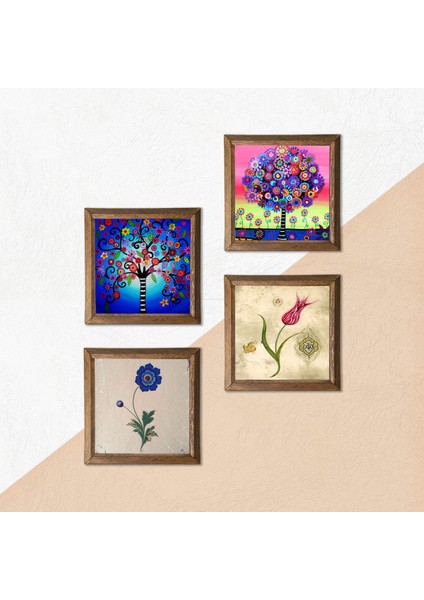 Ebru Sanatı, Lale, Hayat Ağacı Taş Duvar Tablosu Ahşap Çerçeveli Duvar Dekoru 4 Parça Tablo Seti Wall Art W4-843