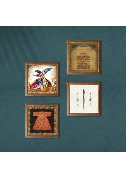 Hırka-i Şerif, Elif, Ayet-el Kürsi, Semazen Taş Duvar Tablosu Ahşap Çerçeveli Duvar Dekoru 4 Parça Tablo Seti Wall Art W4-983
