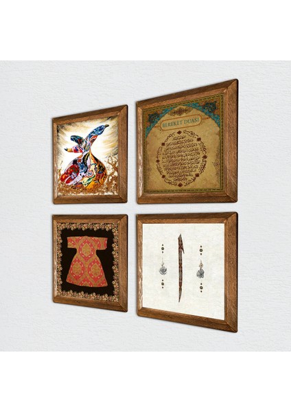 Hırka-i Şerif, Elif, Bereket Duası, Semazen Taş Duvar Tablosu Ahşap Çerçeveli Duvar Dekoru 4 Parça Tablo Seti Wall Art W4-984