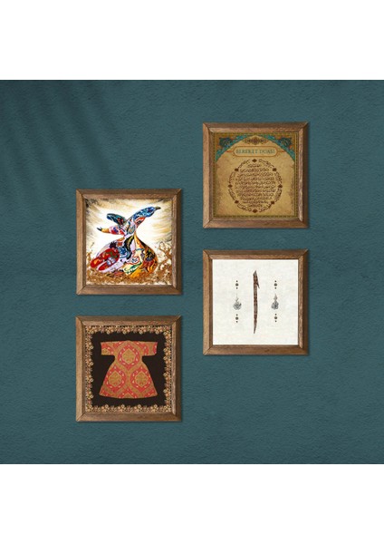 Hırka-i Şerif, Elif, Bereket Duası, Semazen Taş Duvar Tablosu Ahşap Çerçeveli Duvar Dekoru 4 Parça Tablo Seti Wall Art W4-984