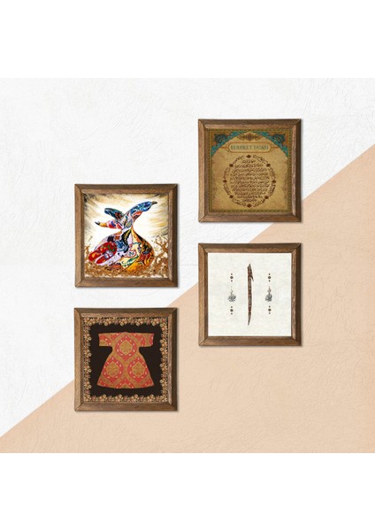 Hırka-i Şerif, Elif, Bereket Duası, Semazen Taş Duvar Tablosu Ahşap Çerçeveli Duvar Dekoru 4 Parça Tablo Seti Wall Art W4-984
