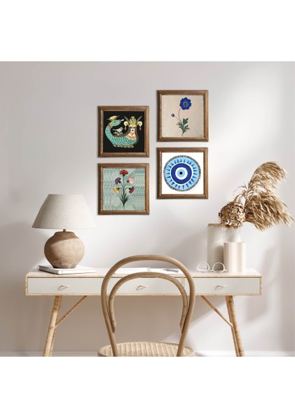 Nazar, Ebru Sanatı, Şahmeran Taş Duvar Tablosu Ahşap Çerçeveli Duvar Dekoru 4 Parça Tablo Seti Wall Art W4-990