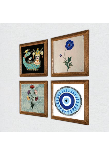 Nazar, Ebru Sanatı, Şahmeran Taş Duvar Tablosu Ahşap Çerçeveli Duvar Dekoru 4 Parça Tablo Seti Wall Art W4-990