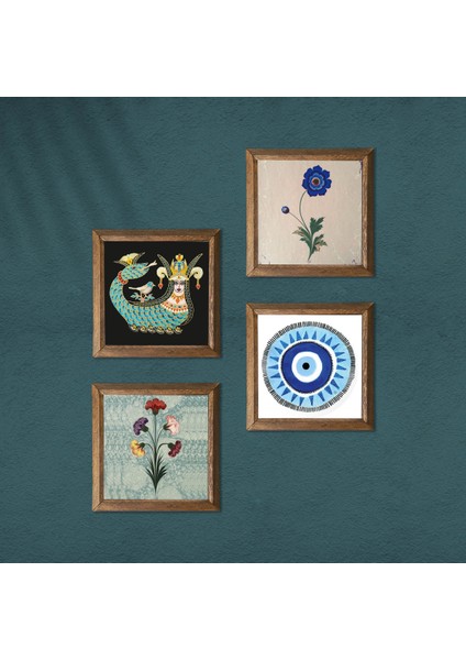 Nazar, Ebru Sanatı, Şahmeran Taş Duvar Tablosu Ahşap Çerçeveli Duvar Dekoru 4 Parça Tablo Seti Wall Art W4-990