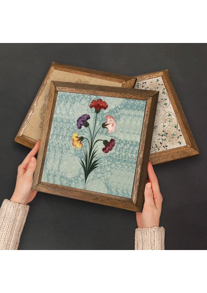 Nazar, Ebru Sanatı, Şahmeran Taş Duvar Tablosu Ahşap Çerçeveli Duvar Dekoru 4 Parça Tablo Seti Wall Art W4-990