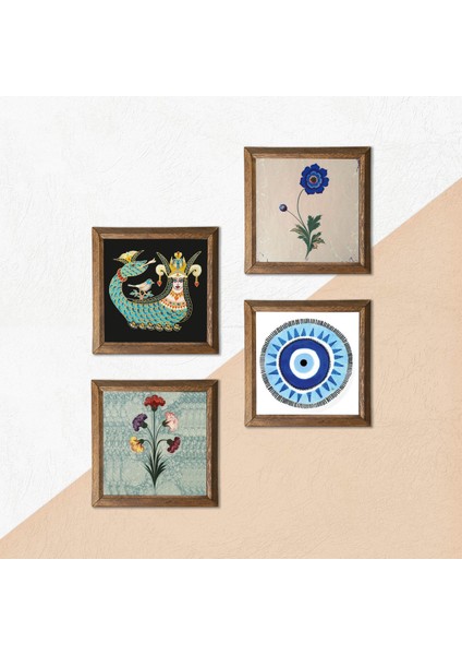 Nazar, Ebru Sanatı, Şahmeran Taş Duvar Tablosu Ahşap Çerçeveli Duvar Dekoru 4 Parça Tablo Seti Wall Art W4-990