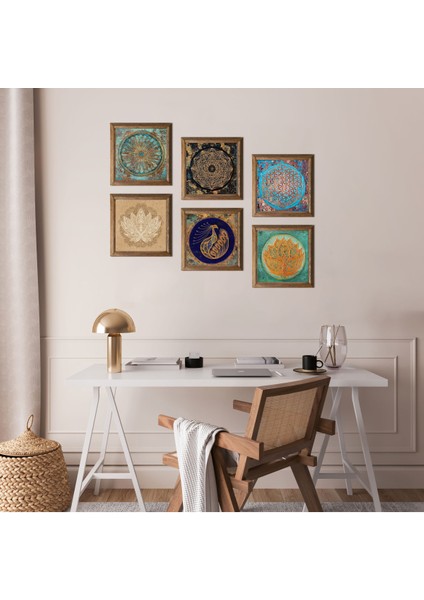 Yaşam Çiçeği, Lotus Çiçeği, Sri Yantra, Tavus Kuşu Taş Duvar Tablosu Ahşap Çerçeveli Duvar Dekoru 6 Parça Tablo Seti Wall Art W6-05