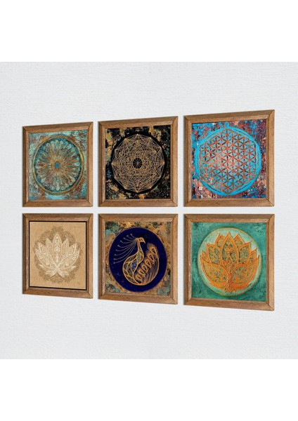 Yaşam Çiçeği, Lotus Çiçeği, Sri Yantra, Tavus Kuşu Taş Duvar Tablosu Ahşap Çerçeveli Duvar Dekoru 6 Parça Tablo Seti Wall Art W6-05