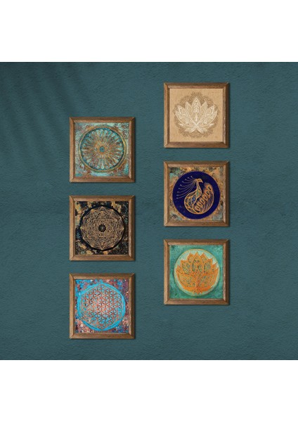 Yaşam Çiçeği, Lotus Çiçeği, Sri Yantra, Tavus Kuşu Taş Duvar Tablosu Ahşap Çerçeveli Duvar Dekoru 6 Parça Tablo Seti Wall Art W6-05