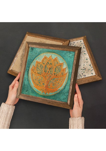 Yaşam Çiçeği, Lotus Çiçeği, Sri Yantra, Tavus Kuşu Taş Duvar Tablosu Ahşap Çerçeveli Duvar Dekoru 6 Parça Tablo Seti Wall Art W6-05