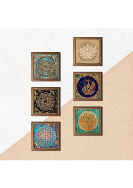 Yaşam Çiçeği, Lotus Çiçeği, Sri Yantra, Tavus Kuşu Taş Duvar Tablosu Ahşap Çerçeveli Duvar Dekoru 6 Parça Tablo Seti Wall Art W6-05