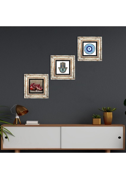 Nazar, Nar, Fatma Ana Eli (Hamsa) Taş Duvar Tablosu Çerçeveli Duvar Dekoru 3 Parça Tablo Seti Wall Art T3-762