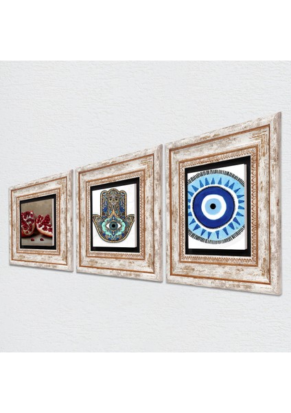 Nazar, Nar, Fatma Ana Eli (Hamsa) Taş Duvar Tablosu Çerçeveli Duvar Dekoru 3 Parça Tablo Seti Wall Art T3-762 fiyatları