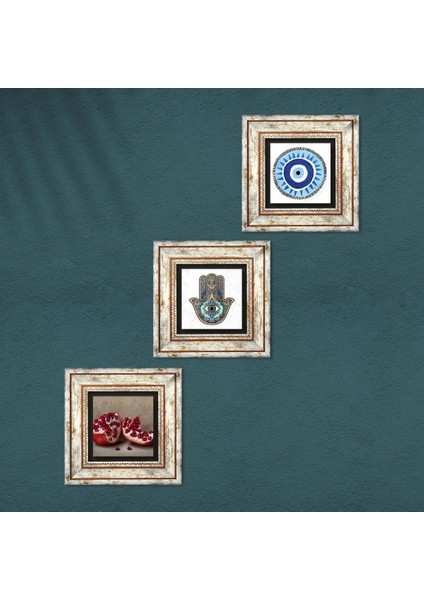 Nazar, Nar, Fatma Ana Eli (Hamsa) Taş Duvar Tablosu Çerçeveli Duvar Dekoru 3 Parça Tablo Seti Wall Art T3-762 fırsatları