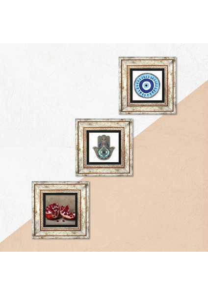 Nazar, Nar, Fatma Ana Eli (Hamsa) Taş Duvar Tablosu Çerçeveli Duvar Dekoru 3 Parça Tablo Seti Wall Art T3-762 indirimleri