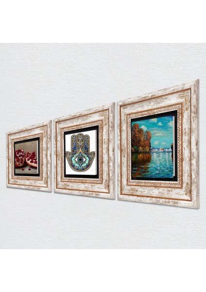 Stone Claude Monet Sonbahar, Nar, Fatma Ana Eli (Hamsa) Çerçeveli Taş Duvar Tablosu 3’lü Set - Dekoratif Modern Sanat, Ev ve Ofis Dekoru |TK3-765| fiyatları