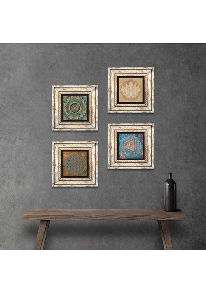 Mandala, Yaşam Çiçeği, Lotus Çiçeği Taş Duvar Tablosu Çerçeveli Duvar Dekoru 4 Parça Tablo Seti Wall Art T4-825