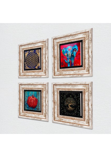 Fil, Yaşam Çiçeği, Hayat Ağacı, Nar Taş Duvar Tablosu Çerçeveli Duvar Dekoru 4 Parça Tablo Seti Wall Art T4-852 fiyatları