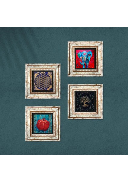 Fil, Yaşam Çiçeği, Hayat Ağacı, Nar Taş Duvar Tablosu Çerçeveli Duvar Dekoru 4 Parça Tablo Seti Wall Art T4-852 fırsatları