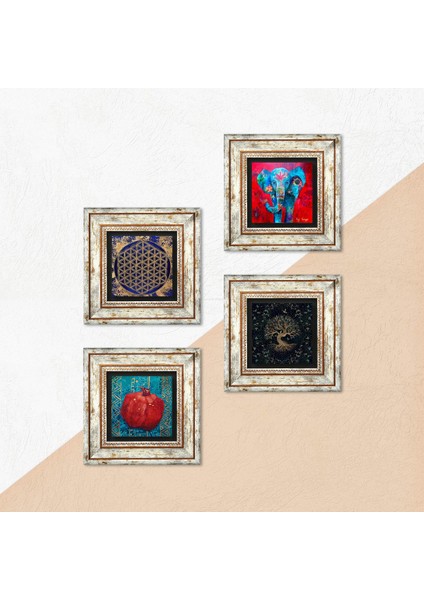 Fil, Yaşam Çiçeği, Hayat Ağacı, Nar Taş Duvar Tablosu Çerçeveli Duvar Dekoru 4 Parça Tablo Seti Wall Art T4-852 indirimleri