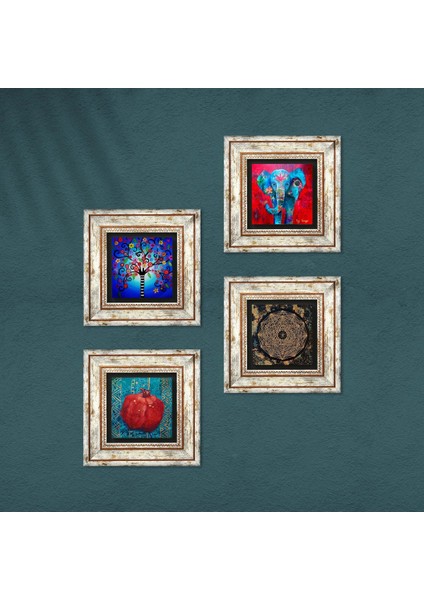 Fil, Sri Yantra, Hayat Ağacı, Nar Çerçeveli Taş Duvar Tablosu 4’lü Set - Dekoratif Modern Sanat, Ev ve Ofis Dekoru |TK4-864| fırsatları
