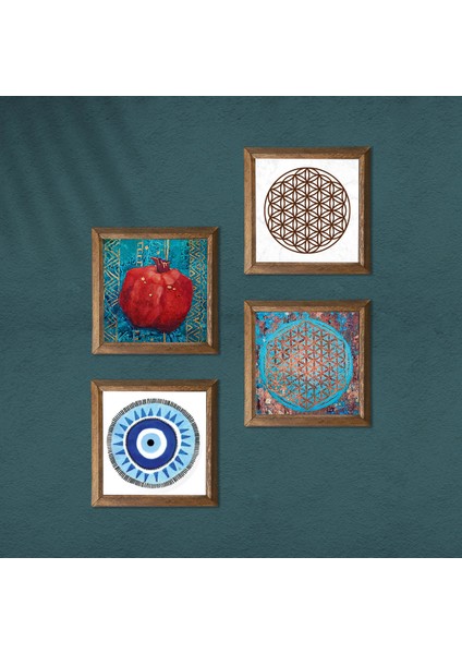 Nazar, Yaşam Çiçeği, Nar Taş Duvar Tablosu Ahşap Çerçeveli Duvar Dekoru 4 Parça Tablo Seti Wall Art W4-829 modelleri