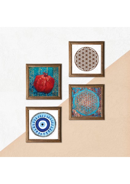 Nazar, Yaşam Çiçeği, Nar Taş Duvar Tablosu Ahşap Çerçeveli Duvar Dekoru 4 Parça Tablo Seti Wall Art W4-829 indirimleri