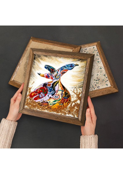 Elif, Ayet-el Kürsi, Hilye-i Şerif, Semazen Taş Duvar Tablosu Ahşap Çerçeveli Duvar Dekoru 4 Parça Tablo Seti Wall Art W4-982