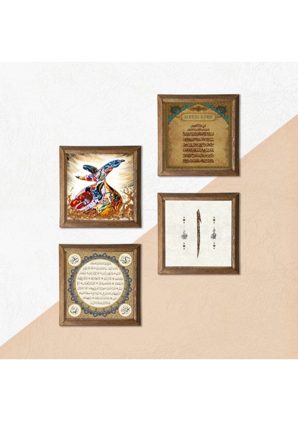 Elif, Ayet-el Kürsi, Hilye-i Şerif, Semazen Taş Duvar Tablosu Ahşap Çerçeveli Duvar Dekoru 4 Parça Tablo Seti Wall Art W4-982