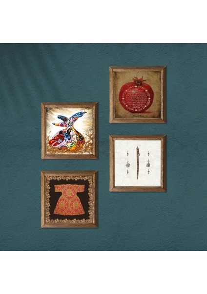 Hırka-i Şerif, Elif, Bereket Duası, Semazen Taş Duvar Tablosu Ahşap Çerçeveli Duvar Dekoru 4 Parça Tablo Seti Wall Art W4-989