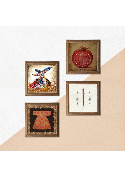 Hırka-i Şerif, Elif, Bereket Duası, Semazen Taş Duvar Tablosu Ahşap Çerçeveli Duvar Dekoru 4 Parça Tablo Seti Wall Art W4-989