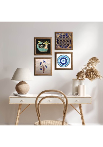 Nazar, Ebru Sanatı, Yaşam Çiçeği, Şahmeran Ahşap Çerçeveli Taş Duvar Tablosu 4’lü Set – 25x25 cm Dekoratif Modern Sanat – Ev ve Ofis Dekoru |W4-997|