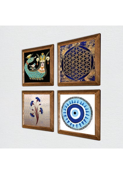 Nazar, Ebru Sanatı, Yaşam Çiçeği, Şahmeran Ahşap Çerçeveli Taş Duvar Tablosu 4’lü Set – 25x25 cm Dekoratif Modern Sanat – Ev ve Ofis Dekoru |W4-997| fiyatları