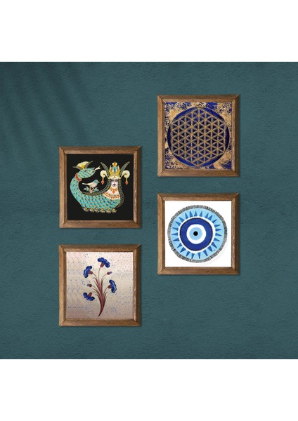 Nazar, Ebru Sanatı, Yaşam Çiçeği, Şahmeran Ahşap Çerçeveli Taş Duvar Tablosu 4’lü Set – 25x25 cm Dekoratif Modern Sanat – Ev ve Ofis Dekoru |W4-997| modelleri