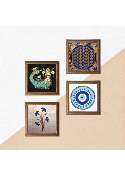 Nazar, Ebru Sanatı, Yaşam Çiçeği, Şahmeran Ahşap Çerçeveli Taş Duvar Tablosu 4’lü Set – 25x25 cm Dekoratif Modern Sanat – Ev ve Ofis Dekoru |W4-997| indirimleri